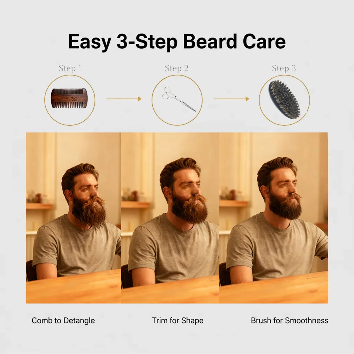 UNIQUE MAN Men's Beard Set, Black Beard Brush and Comb, Perfect for Daily Beard Grooming and Styling, Ideal Christmas Gift