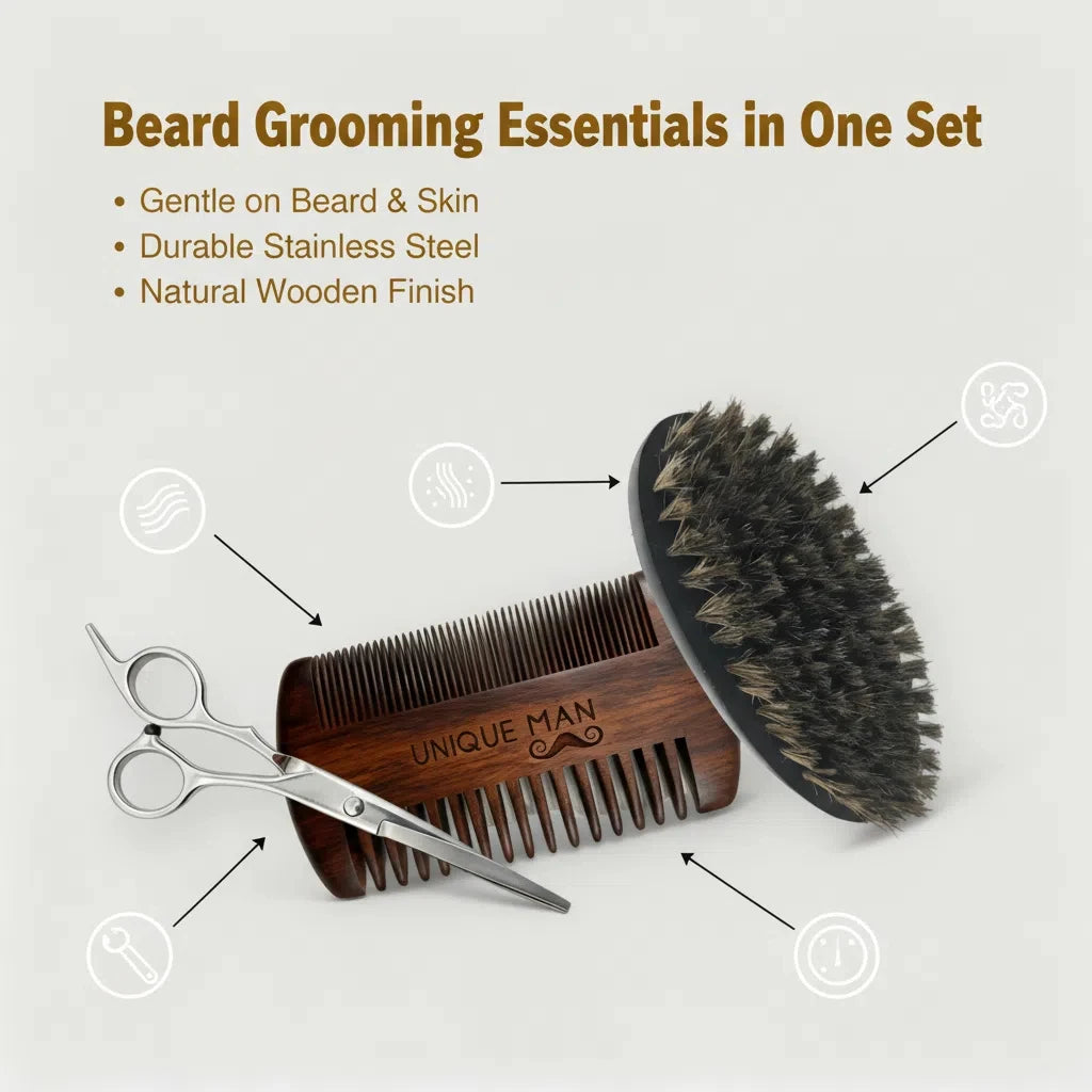 UNIQUE MAN Men's Beard Set, Black Beard Brush and Comb, Perfect for Daily Beard Grooming and Styling, Ideal Christmas Gift